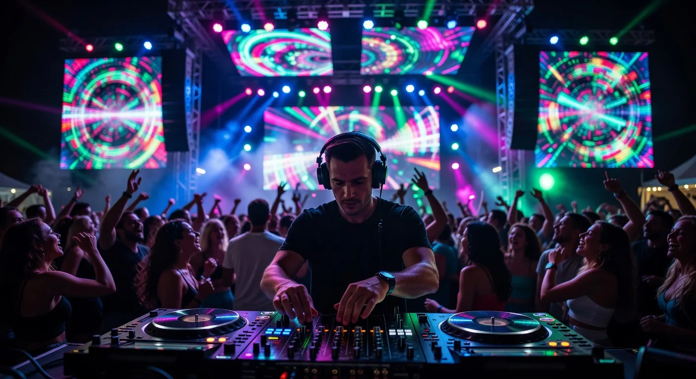 DJ performing at an electronic music festival with dramatic lighting
