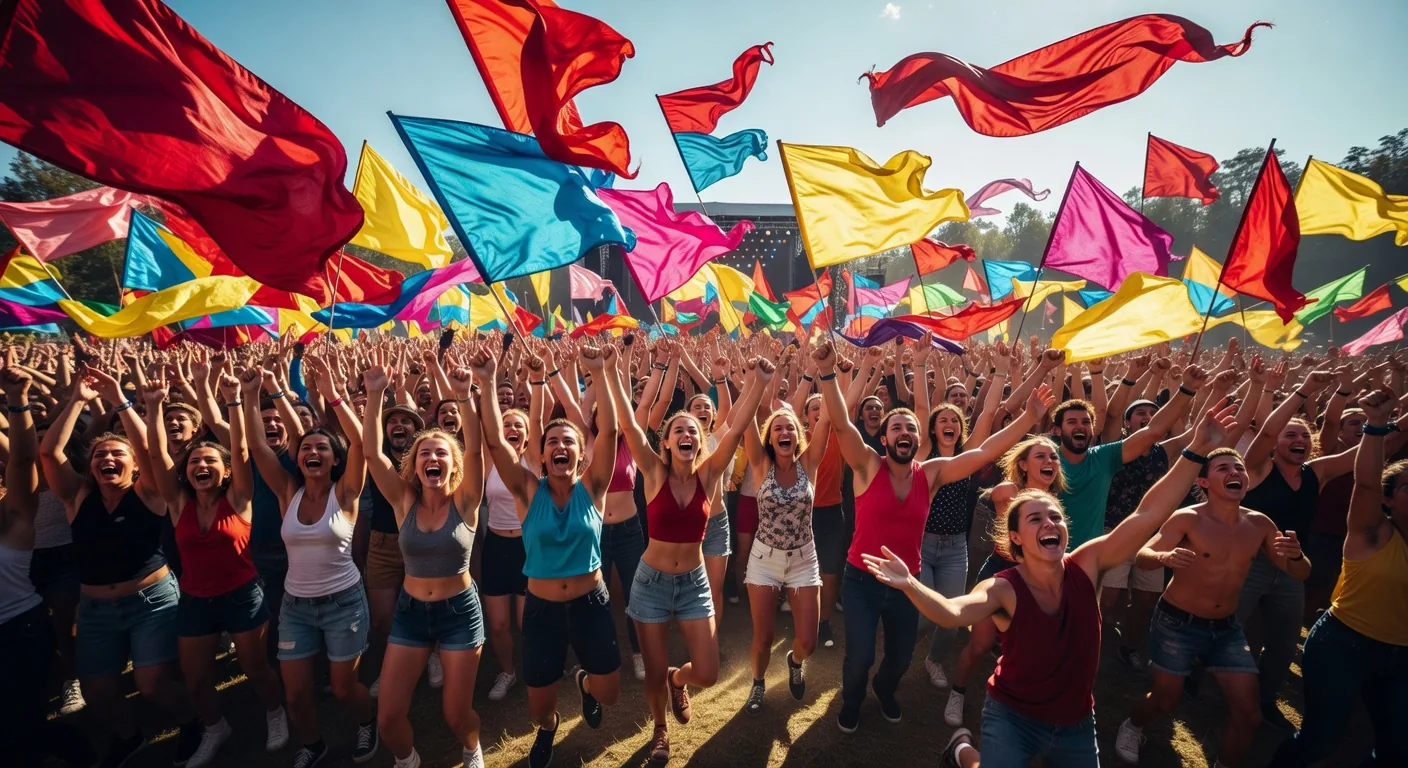 Excited festival fans waving flags at Joyful Craft Space