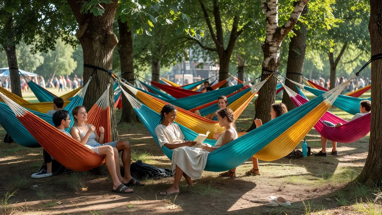 Festival goers relaxing in hammocks at Joyful Craft Space campsite